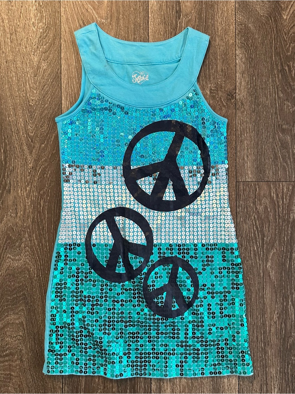 Justice retro style peace sign blue sequin mini dress girls Sz 8